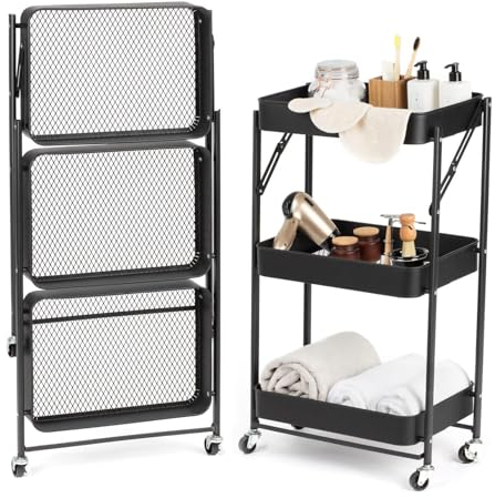 Ntek Foldable 3 Tier Storage trolley cart | Rolling Cart with Locking wheels | Black