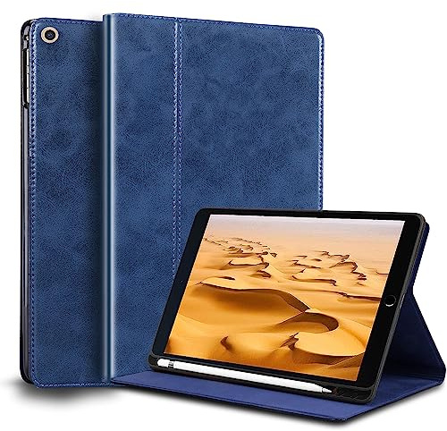 Gexmil Coque pour iPad 10,2 Pouces Cover,9ème/8ème/7ème Génération(2021/2020/2019) Étui en Cuir Véritable avec Connectivité Apple Pencil,Sommeil/Réveil Automatique,Stand Réglable,Huile Cire Cuir Bleu