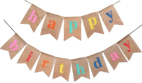 Happy Birthday Banner, 11.5 Feet Burlap Banner with 13 Pieces Swallowtail Flag Jute Vintage Fabric Cloth Flags Shabby Chic Decoration for Birthday Parties