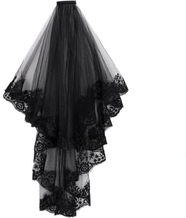 Brautschleier Halloween Schleier Schwarz Tüll mit Kamm Gothic Spitzen Hochzeitsschleier Cosplay Party Softtüll Karneval Geisterbraut Haarschmuck Ellbogenlänge Witwen Schleier Hexen Kostümzubehör