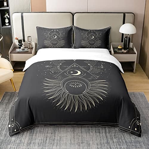 100% Natürliche Baumwolle Exotische Sonne und Mond Bettbezug,Sternenhimmel Bettwäsche Set,Galaxy Sterne Tröster Bezug,Geometrische Indische Stil Bett Sets mit1 Kissenbezug Schlafzimmer Dekor,135x200