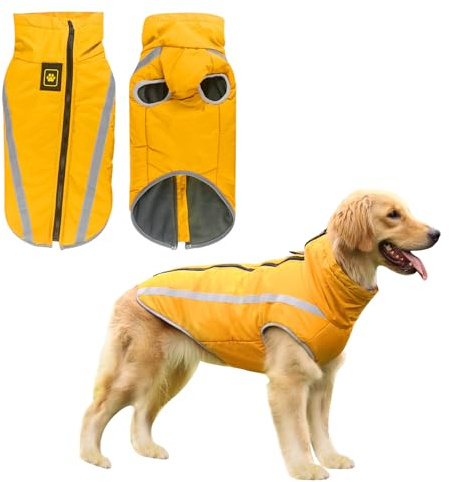 Hunde Winterjacke, Warme Hundejacke Mantel für Mittlere und Große Hunde Winter Wasserdicht Hundekleidung Reflektierende Fleece Welpen Outdoor-Mäntel für Labrador, Bulldogge, Samoye (6XL/68cm, Gelb)