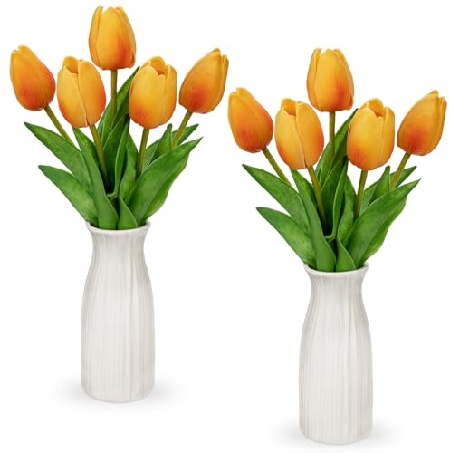 Briful Kunstblumen Künstliche Tulpen Blumen Wie Echt Real Touch Tulpen, Höhe 30 cm, mit Vase aus Keramik, Deko Kunstpflanze (Orange)