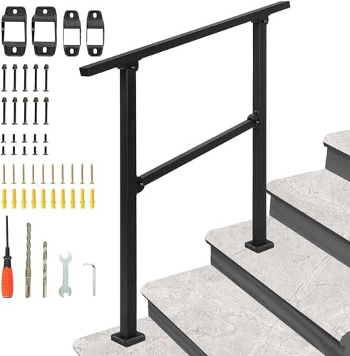 BQKOZFIN Wrought Iron Handrail, Step Handrails for Outdoor Steps, Adjustable Porch Railing Transitional Rail with Installation Kit for Concrete or Wooden Stairs (Black)