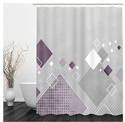 Skcess Textil Duschvorhang Grau Lila, Polyester Duschvorhang Wasserdicht Geometrie Anti Schimmel Duschvorhang 90x180CM