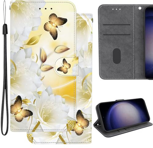 Ammeer Hülle für Nokia 2.3, Flip Folio PU Leder Schutzhülle Handy Tasche Wallet Case Cover Ständer mit Magnetverschluss - Gold Schmetterling