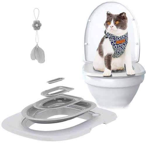 Upgraded Cat Toilet Training Kit,Universal Cat Toilet Training Systems,Reusable Trainer for Pet Cleaning with 1 Replaceable Feather Toy (Gray-1)