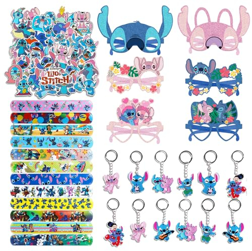 Clvsyh 86 Pezzi Set Regalo di Compleanno per Stitch, Occhiali di Carta per Bambini, Bambino Portachiavi, Stitch Braccialetti a Scatto, Adesivi Impermeabili, Gadget Compleanno Bambini Kit