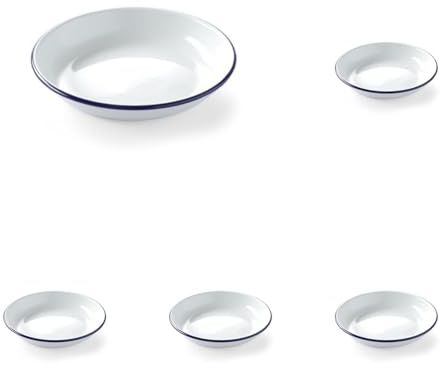 HENDI Assiette en acier émaillé blanc, avec bord bleu, récipient, plat rond, assiette creuse, ø240x(H) 40mm (Lot de 5)