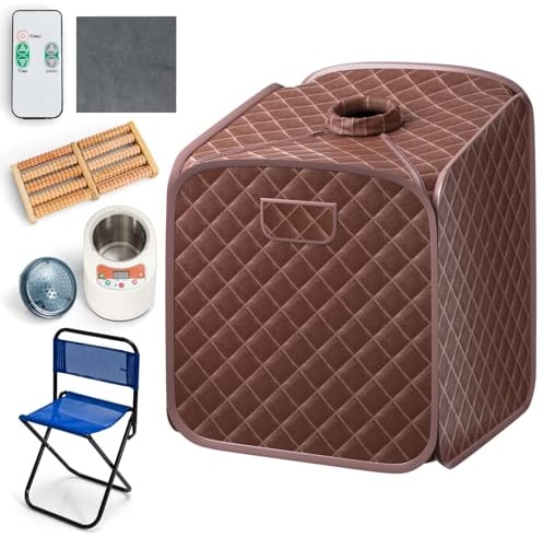 RELAX4LIFE Portable Steam Sauna, Folding Full Body Spa Sauna Tent with 9 Levels Temperature, Timer, 1000W Generator, Chair & Foot Massage Roller, Personal Slimming Detox Therapy Sauna Cabin (Coffee)