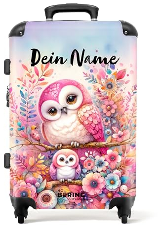 NoBoringSuitcases.com Kinderkoffer, Reisekoffer Personalisiert, Kinderkoffer Mädchen, Koffer Groß, Koffer Kinder, TSA, Reisekoffer Kinder, Koffer Mittelgroß (Eulen, Blumen - Rosa, 67 cm - 72 L)
