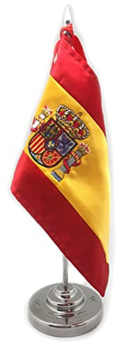 Bandera de España, bordada, de sobremesa con mástil de latón cromado y peana