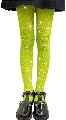LOLANTA Paquete de 2 medias de red para niñas, pantimedias con diamantes de imitación brillantes para competición de baile para niñas, Verde brillante, 4-8 años, L