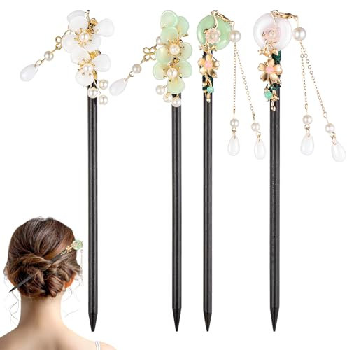 4 Pack Hair Sticks Chinese Hair Sticks Flower Hair Pins Hair Chopsticks Vintage Hair Sticks for Buns Retro Wooden Hairpin Cute Hair Stick Pin for Women Girls