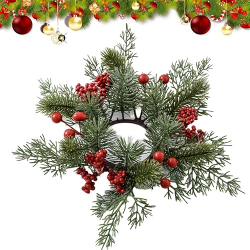 Weihnachtskranz Kerzenring, 25cm Künstliche Kerzengirlande Kerzenkranz künstliche Kerzenringe mit Roten Beeren, Kiefernnadeln Kerzenring für Weihnachten Tisch Dekoration