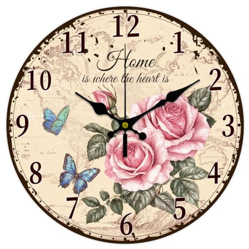 CHGCRAFT Pink Rose Wall Clock 12 Inch Butterfly en Wall Clock Non Ticking Battery Operated Decorative Round Clock for Living Room Kitchen Bedroom Bathroom