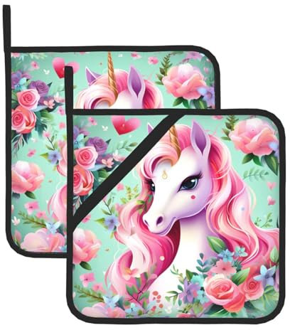 Poezjzw Quadratische isolierte Topfmatten mit Einhorn-Motiv, verbrühungssicher, Wärmedämmung, Grill- und Mikrowellenanwendung, perfekt für Hobbyköche