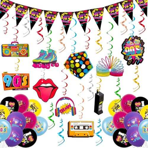 67 Stück 90er Thema Party Geburtstag Dekorationen 90er Jahre Flagge Wimpel Banner 90er Jahre Party Luftschlangen Geburtstag HäNgende Wirbel Deko 90er Jahre Luftballons Deko Bunte (90er deko)