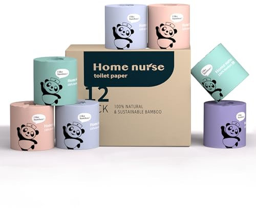 Home Nurse Carta igienica 100% bambù non sbiancata, 4 strati, 12 rotoli, carta igienica biologica naturale, atossica, priva di PFA, senza sostanze chimiche, sicura per settici, senza alberi, inodore
