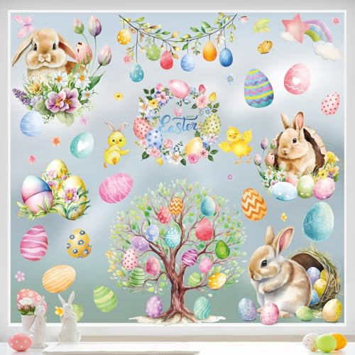 KIKISML Lot de 81 Autocollants de Fenêtre de Pâques, 9 Feuilles Autocollants de Lapin œuf de Pâques, Décorations de Fenêtre de Porte de Pâques en PVC