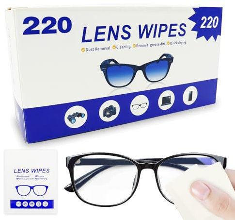 Lens Wipes for Eyeglasses 220 Count, Gentle and Portable Pre-moistened Individually Wrapped Wipes for Glasses, Cameras, Electronic Product Screens
