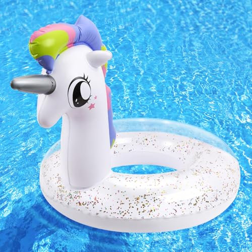 HeySplash Aufblasbarer Schwimmring, 21,6 Zoll Kleinkind Schwimmreifen, Einhorn Pool Spielzeug mit Funkelnden Pailletten, Schwimmhilfe für Schwimmbad, Sommer Strand, See, Party-Deko, Weiß
