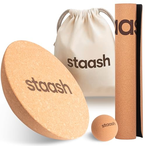 STAASH® Kork-Halbkugel – Balance Trainer Ø30 cm aus Naturkork – Für Yoga, Reha, Fitness & Boardsport – Optional mit Tragebeutel, Antirutschmatte & Massageball – Umweltfreundlich (Holz)