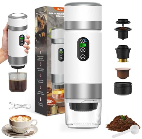 VHV cafetera portátil de viaje, 12 V, calefacción rápida, 3 en 1, cafetera, portátil, auto-elevación, de 4 a 6 minutos, cápsulas grandes, café molido, para camping, oficina, casa, coche, color blanco