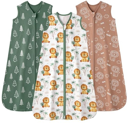 FIEMOL Gigoteuse été 18-24 Mois 0.5 Tog, Turbulette Coton pour Nouveau-né et Nourrisson, Pack de 3 Sac de Couchage bébé Léger Fermeture éclair 89-101 cm Lion Brun