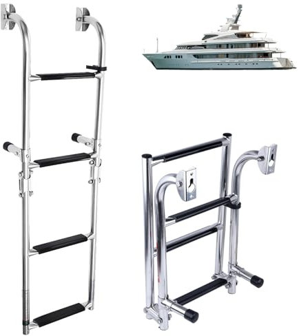 DOJOEUU Klappbare Bootsleiter mit 3/4 Stufen, Edelstahl-Badeleiter mit Kunststoffclips, Einstiegsleiter, Tragkraft 200 kg, Bodenleiter für Pool, Boot, Yacht, Ponton(4 Steps)