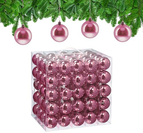 Relaxdays Christmas Baubles, Set of 100, Festive Tree Ornaments, D: 6 cm, Holiday Decorations, Plastic, Shiny, Pink
