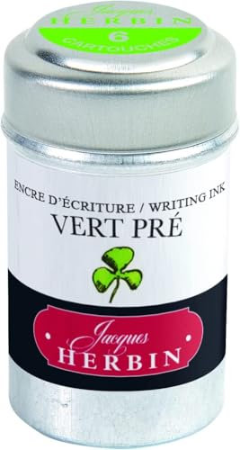 Jacques Herbin - Ref 20131T - Universal Writing Snap-In Ink Cartridges - Vert Pré / Green Meadow - Cylindrical Metal Pot of 6 Cartridges - Green-Coloured Ink