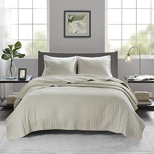 Madison Park Keaton Quilt Set - Casual Channel Stitching Design, All Season, Lightweight Coverlet Bedspread Bedding, Shams, Twin/Twin XL(68x90), Stripe Cream, 2 Piece