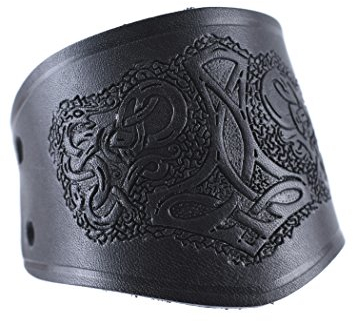 Battle-Merchant - Armschützer aus Leder, mit Thorshammer, kurz - Armband Armstulpe Wikinger LARP Mittelalter (Schwarz)