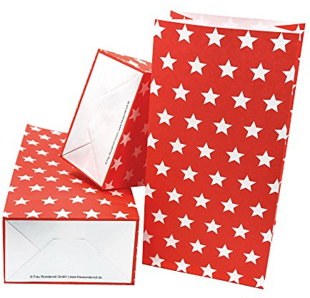 Frau WunderVoll® 12 PAPIERTÜTEN MIT Boden ROT, Sterne 12x7x24cm / Blockbodenbeutel, Tüte, Papierbeutel, Papiertüte, Geschenktüte, Geschenkbeutel, Gastgeschenk, Hochzeit, Mitgebseltüte, Falttasche