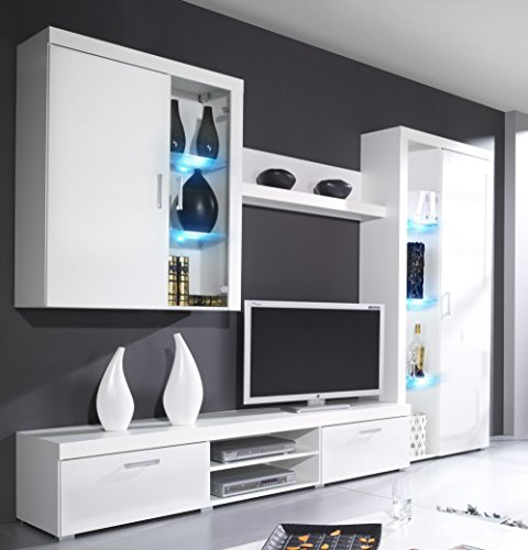 Furniture24 Wohnwand Samba - B Anbauwand Lowboard Hängevitrine Schrank Hängeregal Mediawand (Weiß/Weiß Hochglanz)