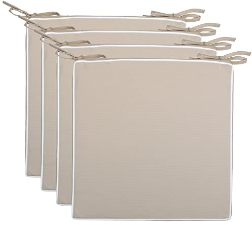 Brandsseller 4er Set Sitzkissen 40x40x4 cm – Wasser- & schmutzabweisende Stuhlkissen mit Bindebändern & Paspel – Für Innen & Außen – Garten, Terrasse, Küche – Stone