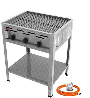 STAND Gastro Edelstahl Gasbräter 3 flammig 13,5 KW f. Propangas + Grillrost + Untergestell + Gasschlauch, Gewerberegler und SBS (Standgerät, Gastronomie Kocher - Wurstbräter, Gasgrill Gasherd, Bräter)