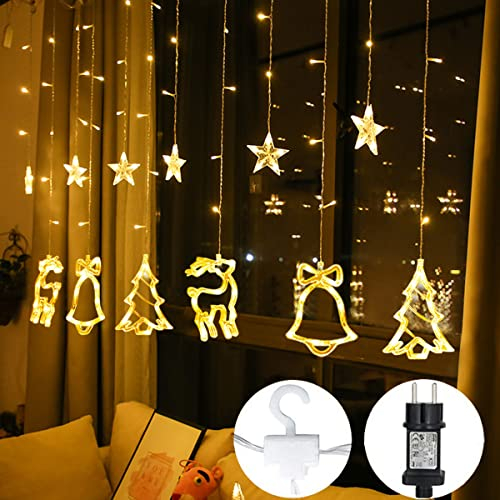 LED Lichtervorhang Warmweiß Fenster Led Lichterketten Weihnachtsbaum Glocken Rudolf für Innen Außen Weihnachten Hochzeit IP44 8 Modi mit Timer Dimmbar 138er LEDs 2.3M x1M Weihnachtsbeleuchtung …