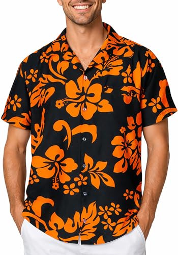 King Kameha Hawaiihemd Herren Kurzarm - Grünes Hawaii Hemd Männer Hibiskus - Hemd Herren Kurzarm Hawaii Outfit - Hawaiian Shirts for Men - Hibiskus, Black Orange, 3XL