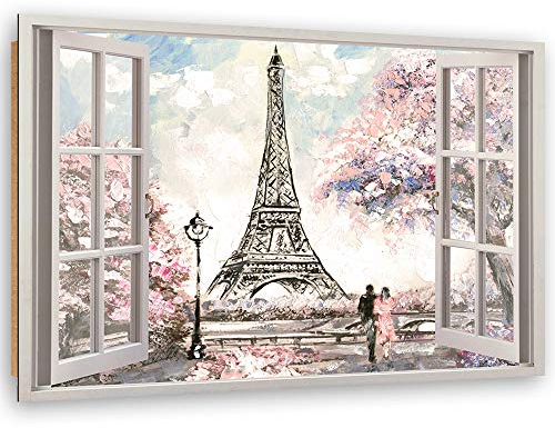 Feeby - Wandbilder Wohnzimmer 120x80 cm, Deko Paneel Bilder, Bilder für Schlafzimmer, Echter Gemalter Effekt, Moderne Wanddeko, Gemälde - Fensterblick, Eiffelturm - Rosa