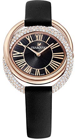 Swarovski Duo Uhr, Lederarmband, Schwarz, Rosé vergoldetes PVD-Finish