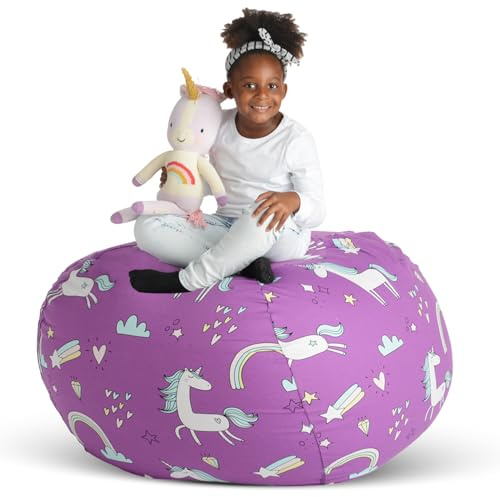 Creative QT Stuff ’n Sit Extra große 38-Zoll-Sitzsack-Aufbewahrungshülle für Kuscheltiere und Spielzeug – Lila Einhorn-Druck