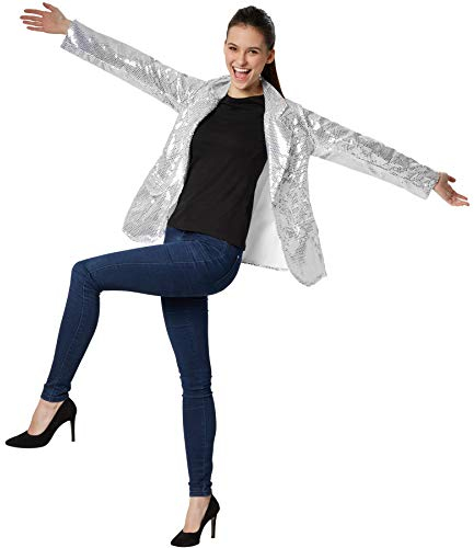 dressforfun Blazer Damen, Kostüm Damen Pailletten Oberteil Damen, Glitzer Oberteile Damen, Jackett, Faschingskostüm, Disco Kostüm Damen, Rave Outfit Damen, 80er Jahre Outfit, silber, XL