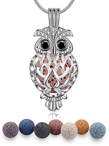 EUDORA Harmony Ball Eule Halskette Aromatherapie Kette Halsketten für Frauen Damen Anhänger Aroma Oel Diffuser Charme Schmuck Geschenk Natürlicher Lavastein Perlen Kette 7 PCS,24
