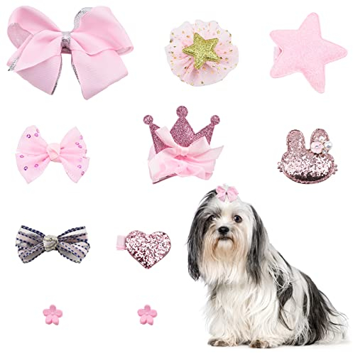 HACRAHO Hunde Haarspangen, 10 Stück gemischte Stile Hund Haarschleifen Hund Bowknot Haarschleifen mit Clips für kleine Hunde Katzen Welpen zum Valentinstag, Rosa