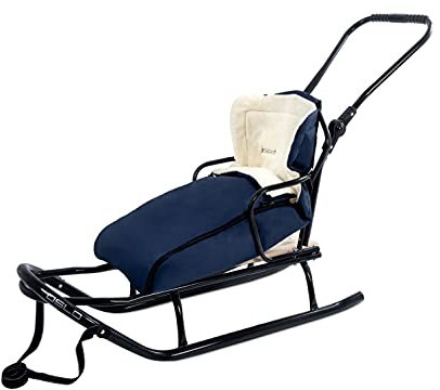 Kinderschlitten aus Metall mit Holzsitz Rückenlehne und Verstellbarer Schiebestange Metallschlitten für Kinder Erwachsene Maximale Belastung bis zu 120 kg 115 cm Lang inkl. Schlafsack Dunkelbalu