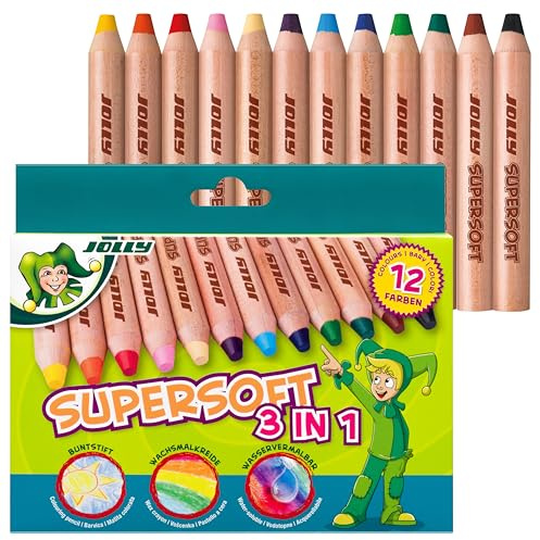 JOLLY Supersoft 3 in 1 – 12 Farben Buntstifte, Wachsmalkreiden & Aquarellstifte in einem, Extraweiche 10 mm Mine, bruchsicher & deckend, für Kinder, Schule & Kindergarten