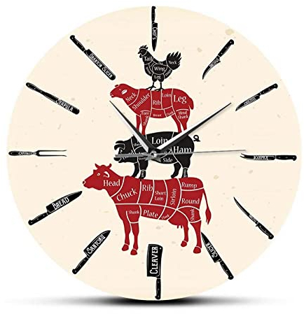 XUSANSHI 12 Decorative Clock Kitchen Knives Butcher Shop Wall Clock For Chef Cook Beef Mutton Pork Chicken Meat Cuts Diagrams For Meatman Clock Wall Watch