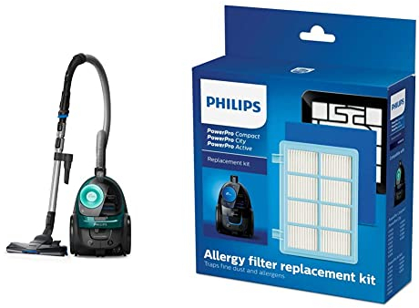 Philips FC9555/09 Aspirateur PowerPro Active 650 W – 76 DB – Brosses TriActive+ et sols durs – Mini Turbo-Brosse – Vert Opale & Kit de Filtres pour Aspirateur Traineau Powerpro Compact et Active